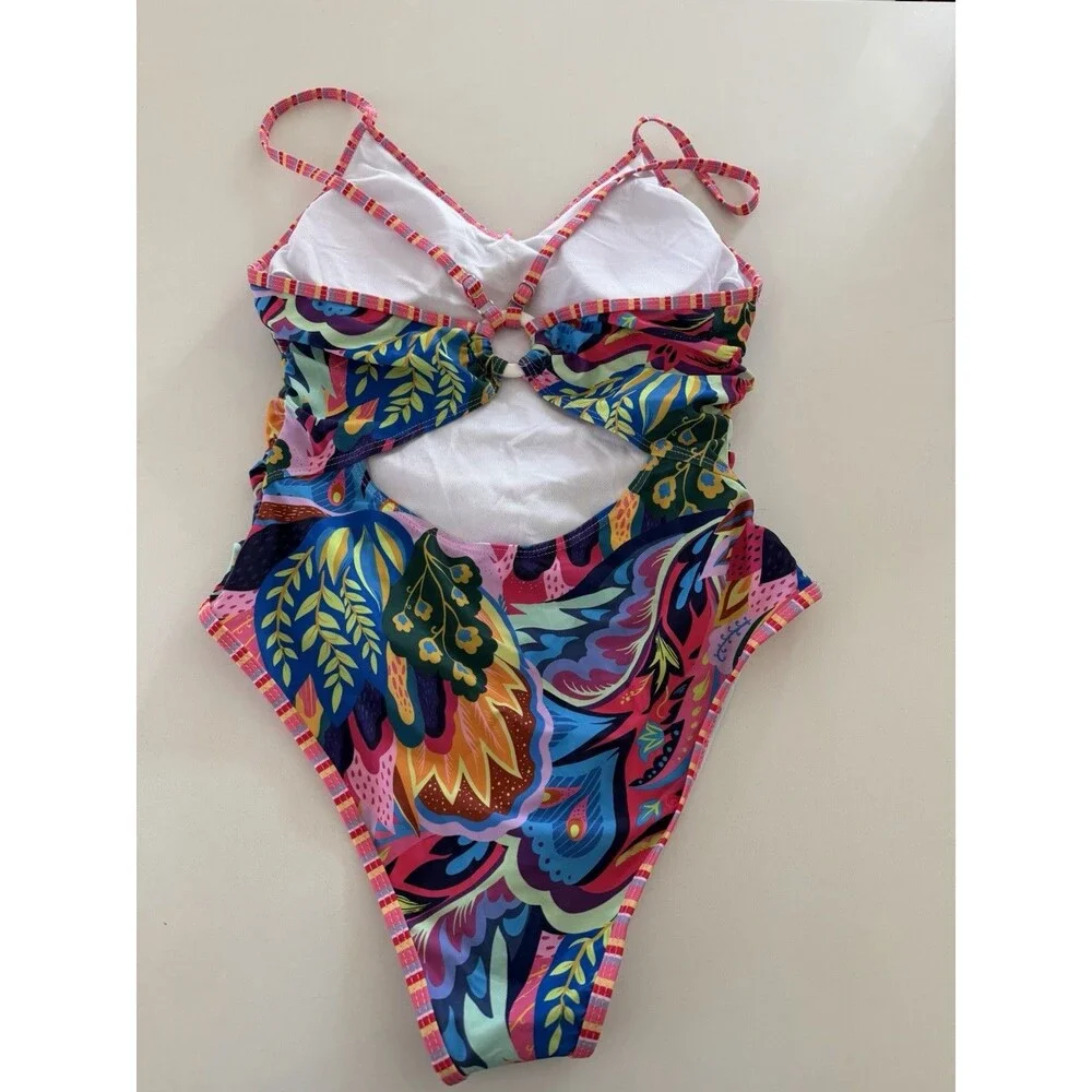 Women's One Piece Swimsuit Abstract Print Spaghetti Straps Cut out multicolor M